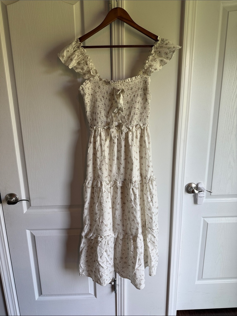 Cottage core Cream Floral Ruffled Midi Dress with Smocked Bodice